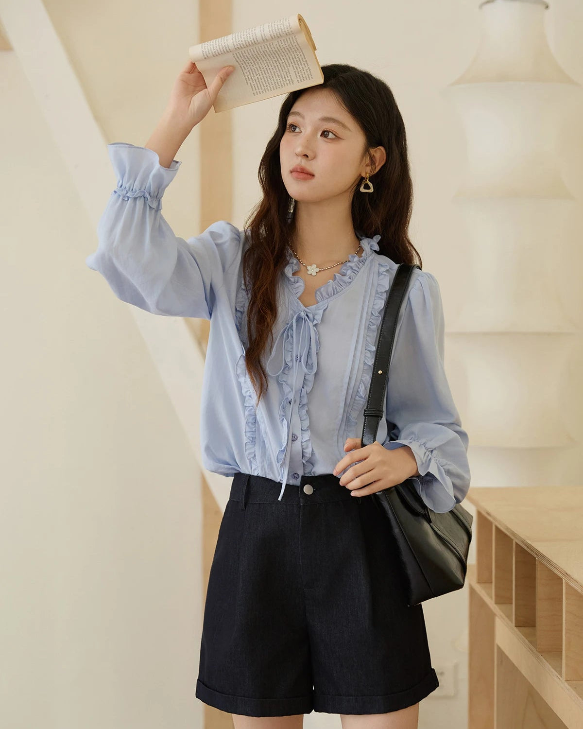 Ruffled Tie-Front Loose-Fit Shirt