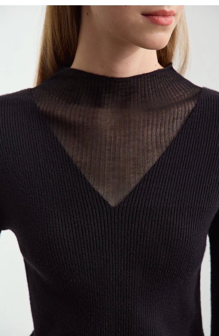 Turtleneck Sheer Panel Slim Top