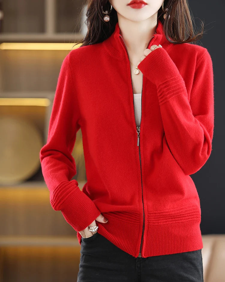 Merino Wool Solid Half-High Collar Zip Loose Knit Cardigan