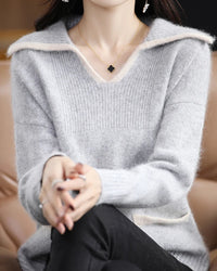 Contrast-Collar Mink Cashmere Sweater