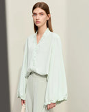 Chiffon Embroidered V-Neck Lantern Sleeve Blouse