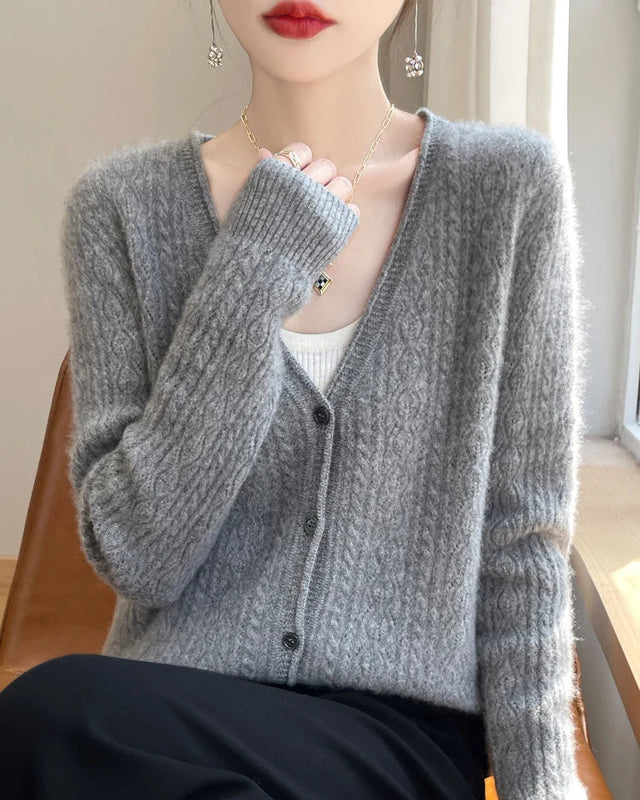 Wool V-Neck Curled Twisted Hollow-Out Open Cardigan