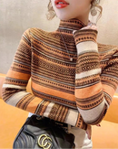 Striped Half-High Collar Slim Knit Pullover