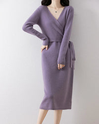 V-Neck Lace-Up Merino Wool Knit Dress
