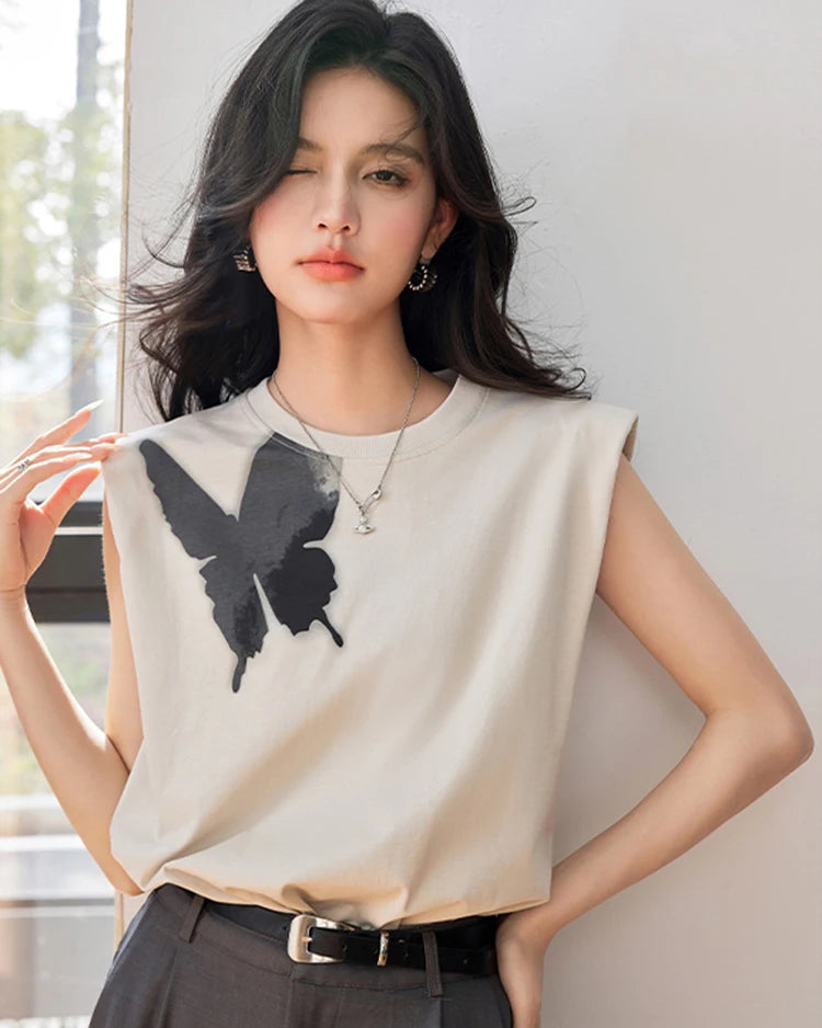 Butterfly-Graphic Knit Sleeveless Tee
