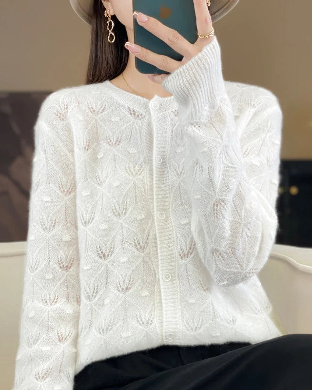 Merino Wool Round Neck Hollow Leaf Knit Cardigan Sweater