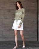 Ramie Crew Neck Long Sleeve Drawstring T-Shirt