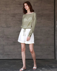 Ramie Crew Neck Long Sleeve Drawstring T-Shirt