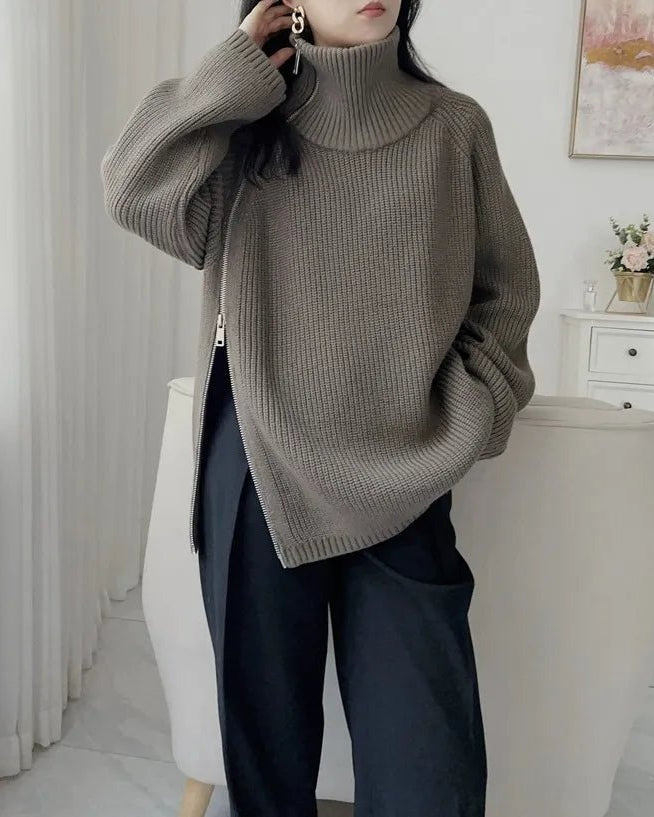Oversized Irregular Zipper High Neck Cashmere Sweater