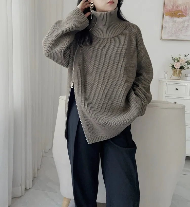 Oversized Irregular Zipper High Neck Cashmere Sweater