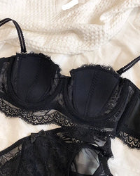 Lace Embroidery Half-Cup Thin Push-Up Bra Set