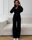 Zip-Up Cropped Knit Cardigan & Drawstring Wide-Leg Trousers Set