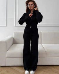 Zip-Up Cropped Knit Cardigan & Drawstring Wide-Leg Trousers Set