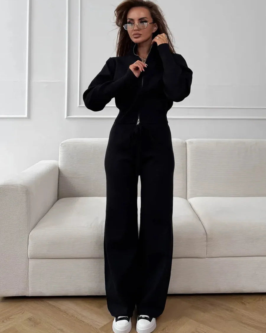 Zip-Up Cropped Knit Cardigan & Drawstring Wide-Leg Trousers Set