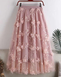 Floral Embroidered Mesh Midi Skirt
