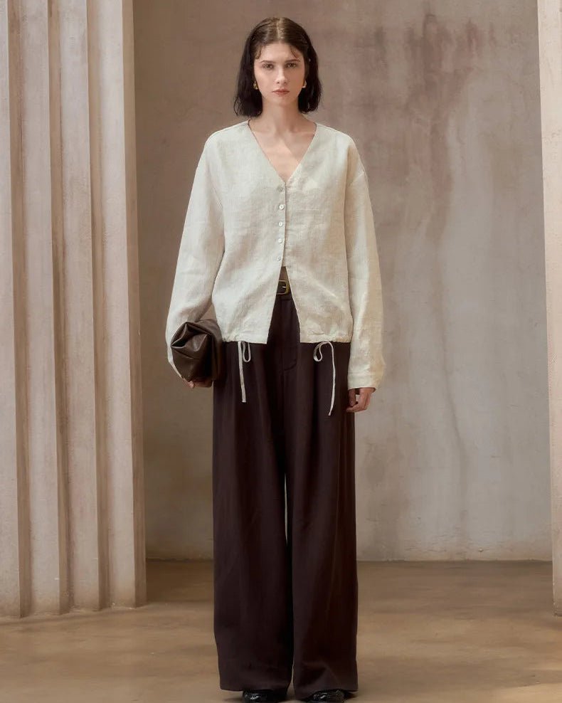 Loose V-Neck Button-Down Long-Sleeved Shirt