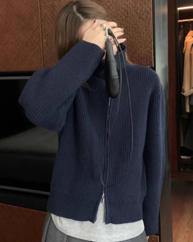 Cashmere Double Zip Turtleneck Cardigan