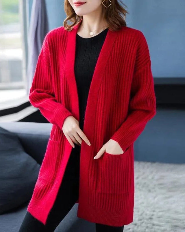 Solid V-Neck Open-Front Pocket Loose Knit Cardigan