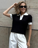 Polo Collar Colorblock Knit Top