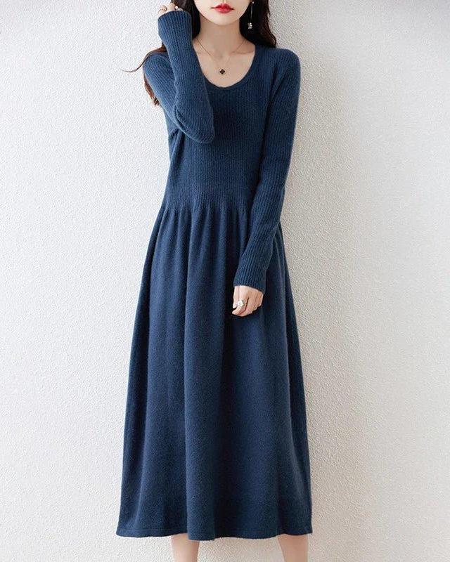 Round Neck Long Sleeves Wool Knitted Dress