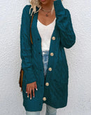 Solid Cable-Knit Open-Front Button Pocket Loose Long Cardigan