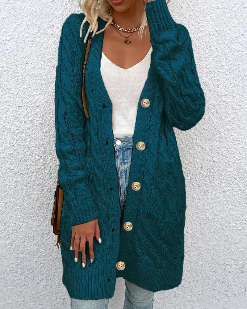 Solid Cable-Knit Open-Front Button Pocket Loose Long Cardigan