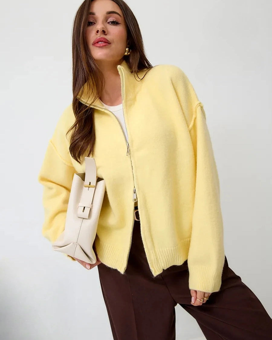 Oversized Knit Zip Cardigan Stand Collar