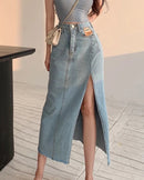 Side-Slit Denim Pencil Skirt