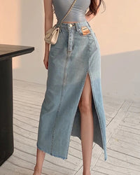 Side-Slit Denim Pencil Skirt
