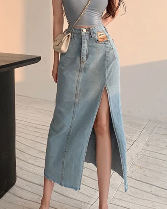 Side-Slit Denim Pencil Skirt