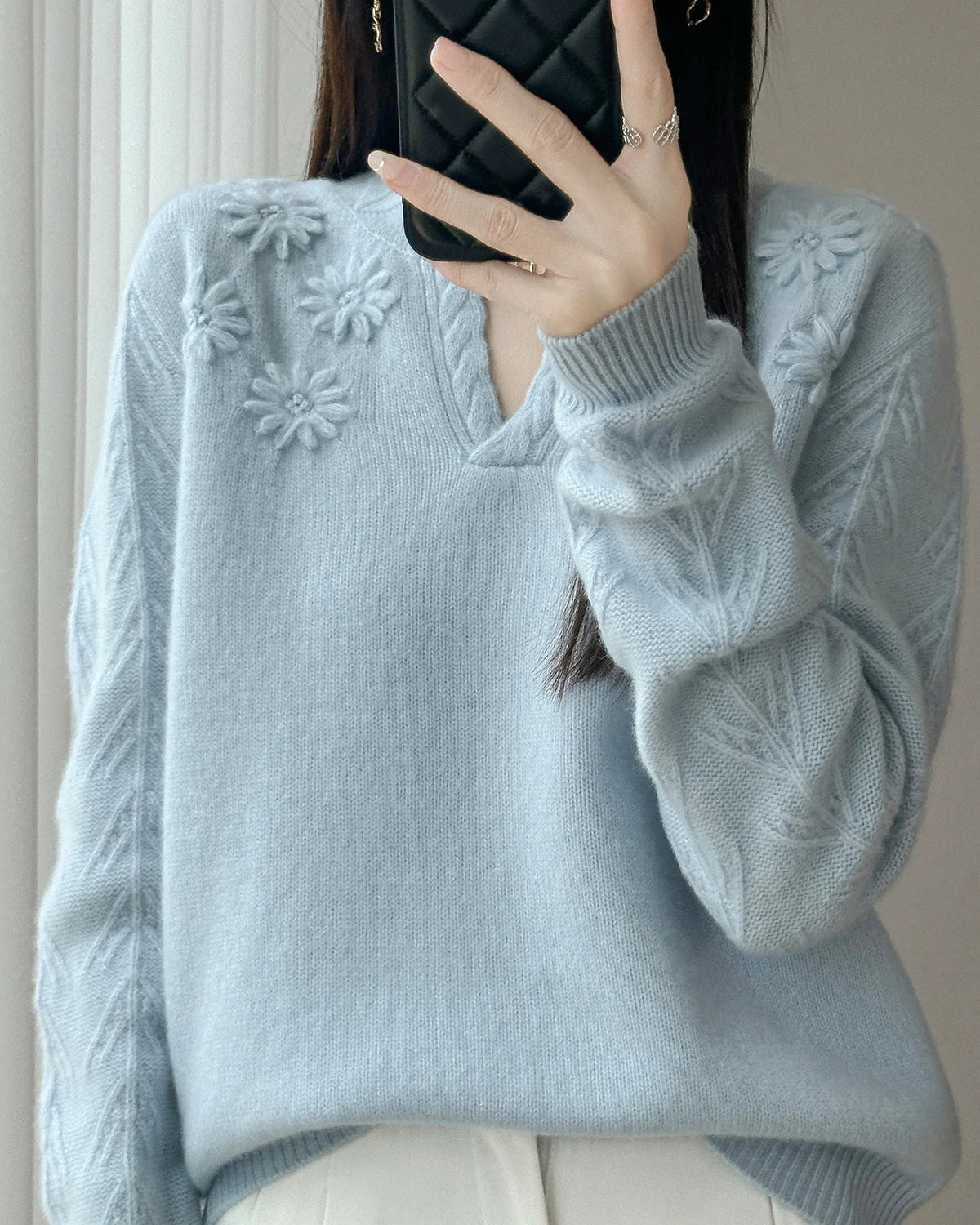 Floral-Embroidered Wool Sweater