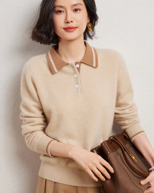 Cashmere Wool Blend Contrast Colour Polo Collar Pullover Sweater