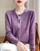 Merino Wool Solid O-Neck Button Knit Cardigan