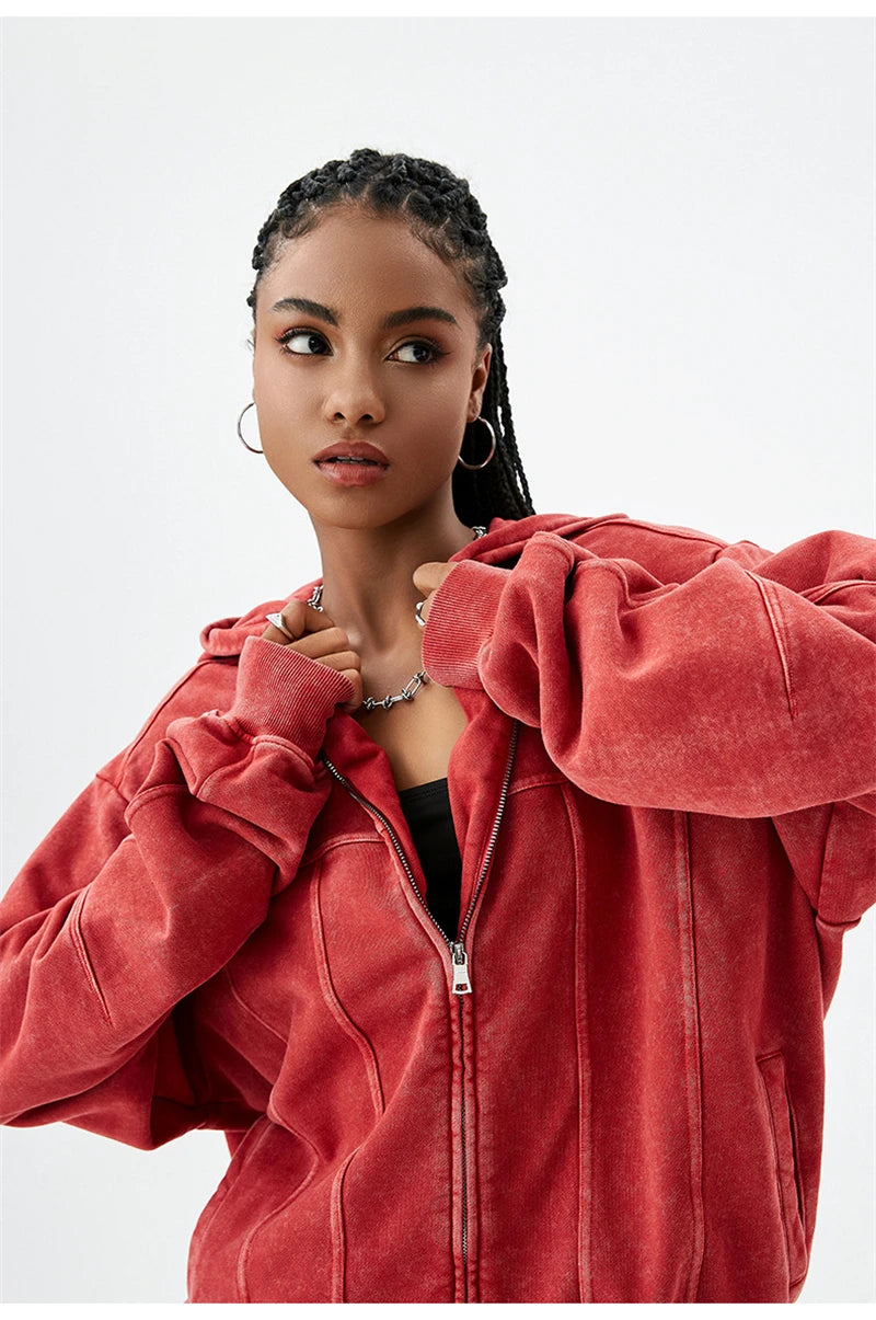 100% Cotton Retro Washed Zipper Hoodies