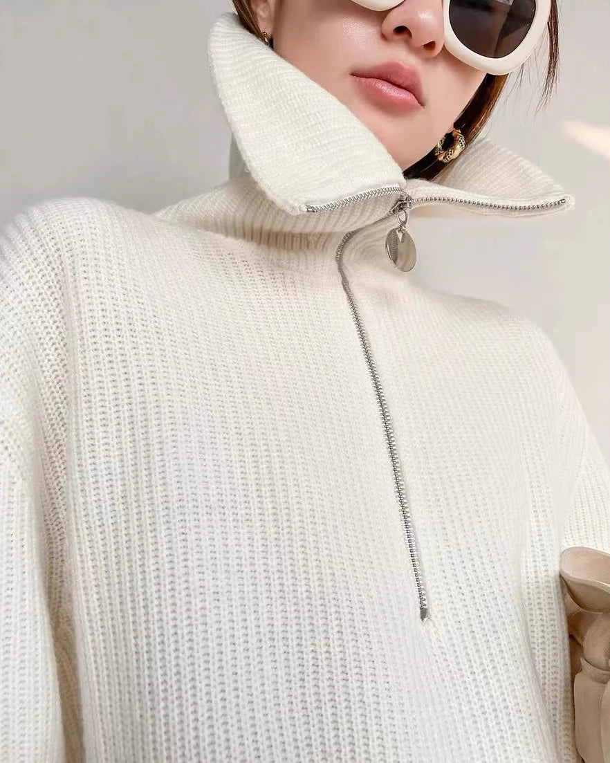 Cashmere Zip Lapel Loose Thick Knit Sweater