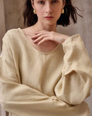 Fashionable Linen U-Neck Long-Sleeved Shirt