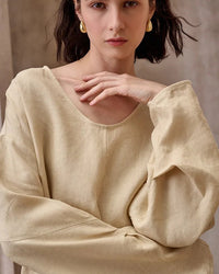 Fashionable Linen U-Neck Long-Sleeved Shirt