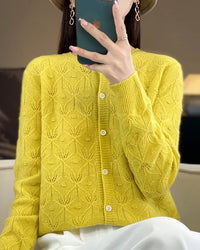 Merino Wool Round Neck Hollow Leaf Knit Cardigan Sweater