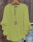 Women's V-Neck ruffle butterfly-sleeve blouse crafted from lightweight chiffon, featuring layered flared cuffs and a relaxed loose fit for romantic summer charm and breezy daytime elegance.