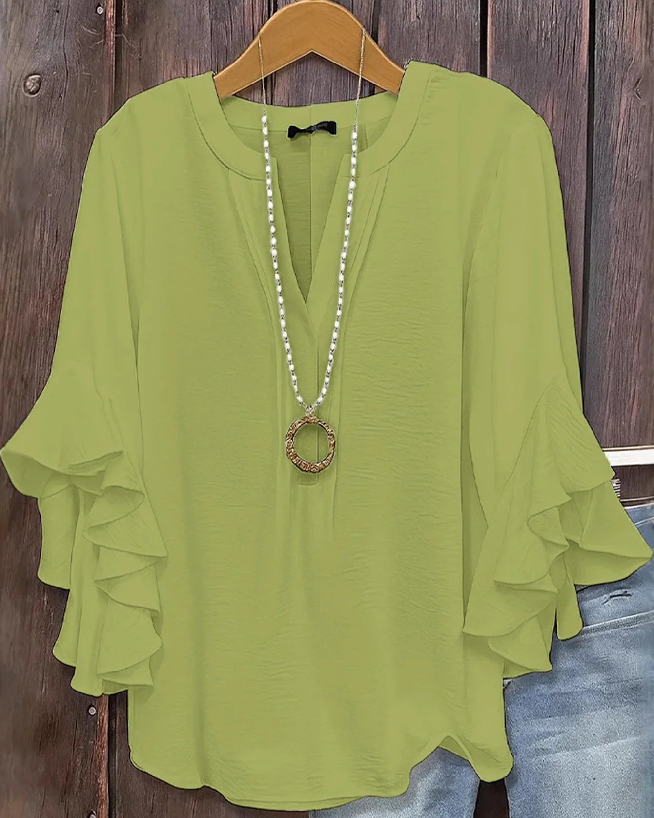 Women's V-Neck ruffle butterfly-sleeve blouse crafted from lightweight chiffon, featuring layered flared cuffs and a relaxed loose fit for romantic summer charm and breezy daytime elegance.