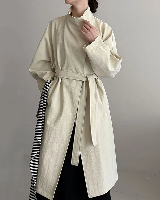 Minimalist Stand-Collar Belted Trench Coat
