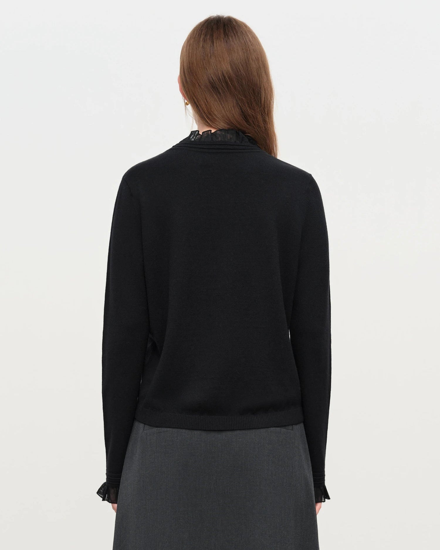 High-Neck Ruffled Knitted Slim-Fit Sweater