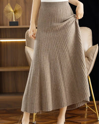 Elegant Pleated Wool A-Line Long Skirt
