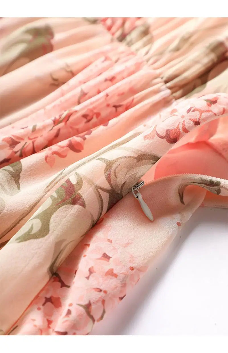 Floral Print Chiffon Bow Neck Long Sleeve Dress