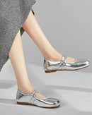 Silver princess style ballet flats for women, shiny Mary Jane shoes with square toe and buckle strap, perfect for casual elegant wear.