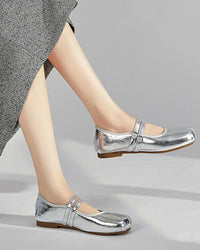 Silver princess style ballet flats for women, shiny Mary Jane shoes with square toe and buckle strap, perfect for casual elegant wear.