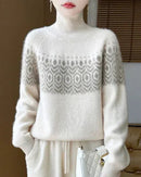 100% merino wool jacquard turtleneck loose knit pullover. Soft, medium stretch, and relaxed fit — a casual Korean autumn winter knitwear top for women.