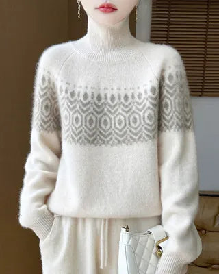 100% merino wool jacquard turtleneck loose knit pullover. Soft, medium stretch, and relaxed fit — a casual Korean autumn winter knitwear top for women.