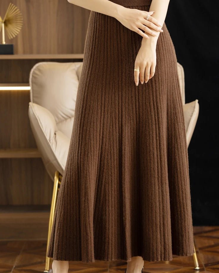 Elegant Pleated Wool A-Line Long Skirt