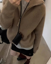 100% Wool Turtleneck Double-Zip Loose Cardigan